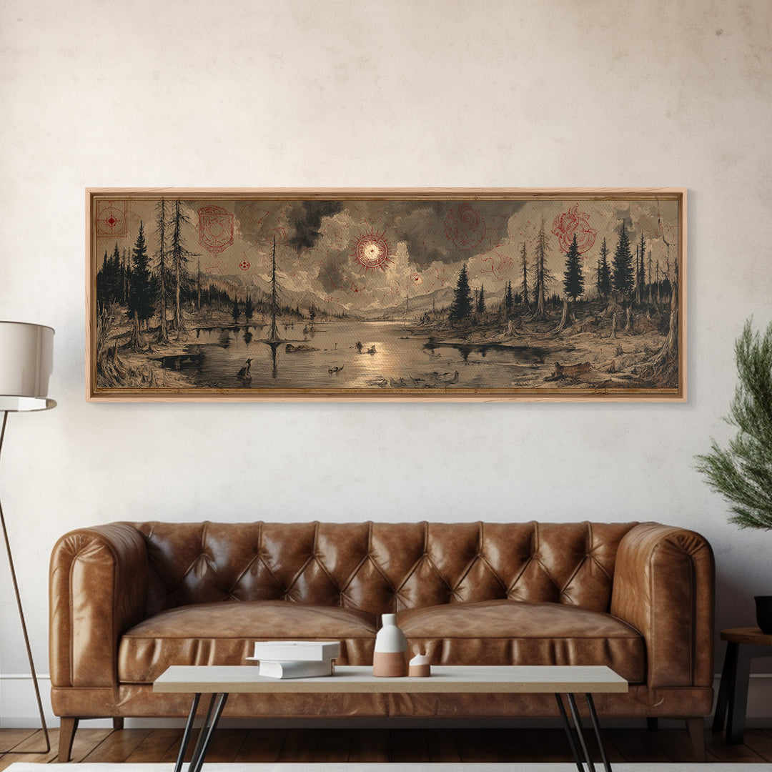 The Mirror Lake Of Lost Constellations, Occult Wall Decor, Extra Wide Wall Art, Framed Canvas Print, Halloween Home Decor, Gothic Wall Art