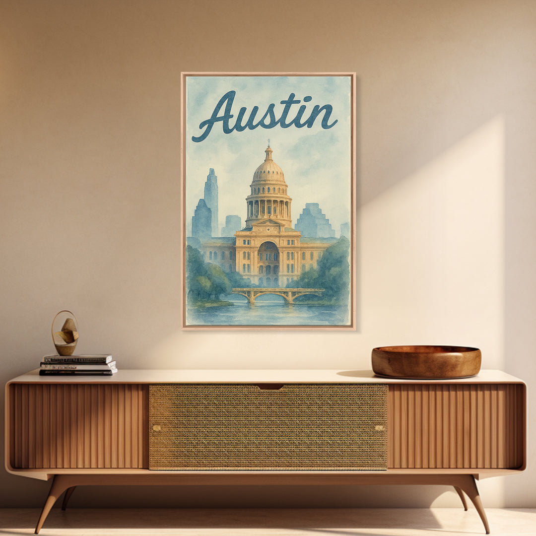 Austin Travel Poster, Canvas Print, Painted Travel Poster Art, Austin City Art, Gift For Travelers, Fine Art Print, City Travel Prints