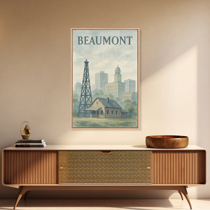Beaumont Texas Travel Poster, Canvas Print, Painted Travel Poster Art, Beaumont Travel Art, Watercolor Urban Skyline, Living Room Wall Art