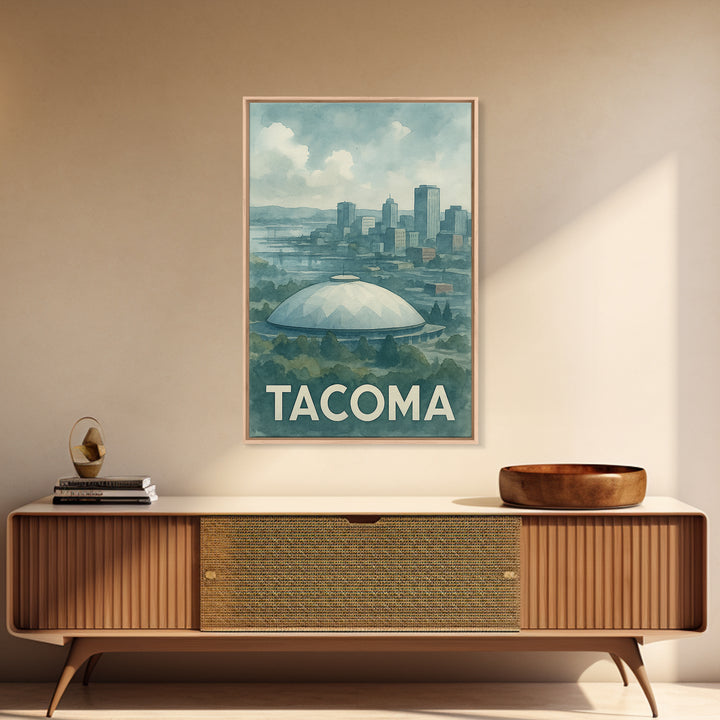 Tacoma Washington Travel Poster, Framed Canvas Print, Soft Watercolor Travel Art, Tacoma Wall Art, Travel Poster Art, Watercolor Skyline Art