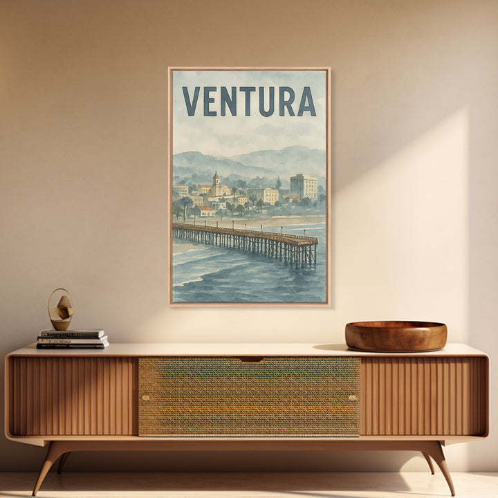 Ventura California Travel Poster, Framed Canvas Print, Soft Watercolor Travel Art, Ventura Wall Art, City Illustration, Travel Poster Set