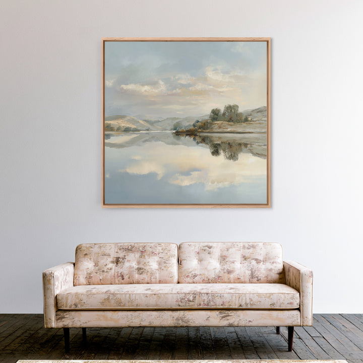 Peaceful Lake Reflection at Dawn Framed Canvas Print, Waiting Room Art, Photography Print, Waiting Room Decor, Watercolor Art, WRA-1x1-100