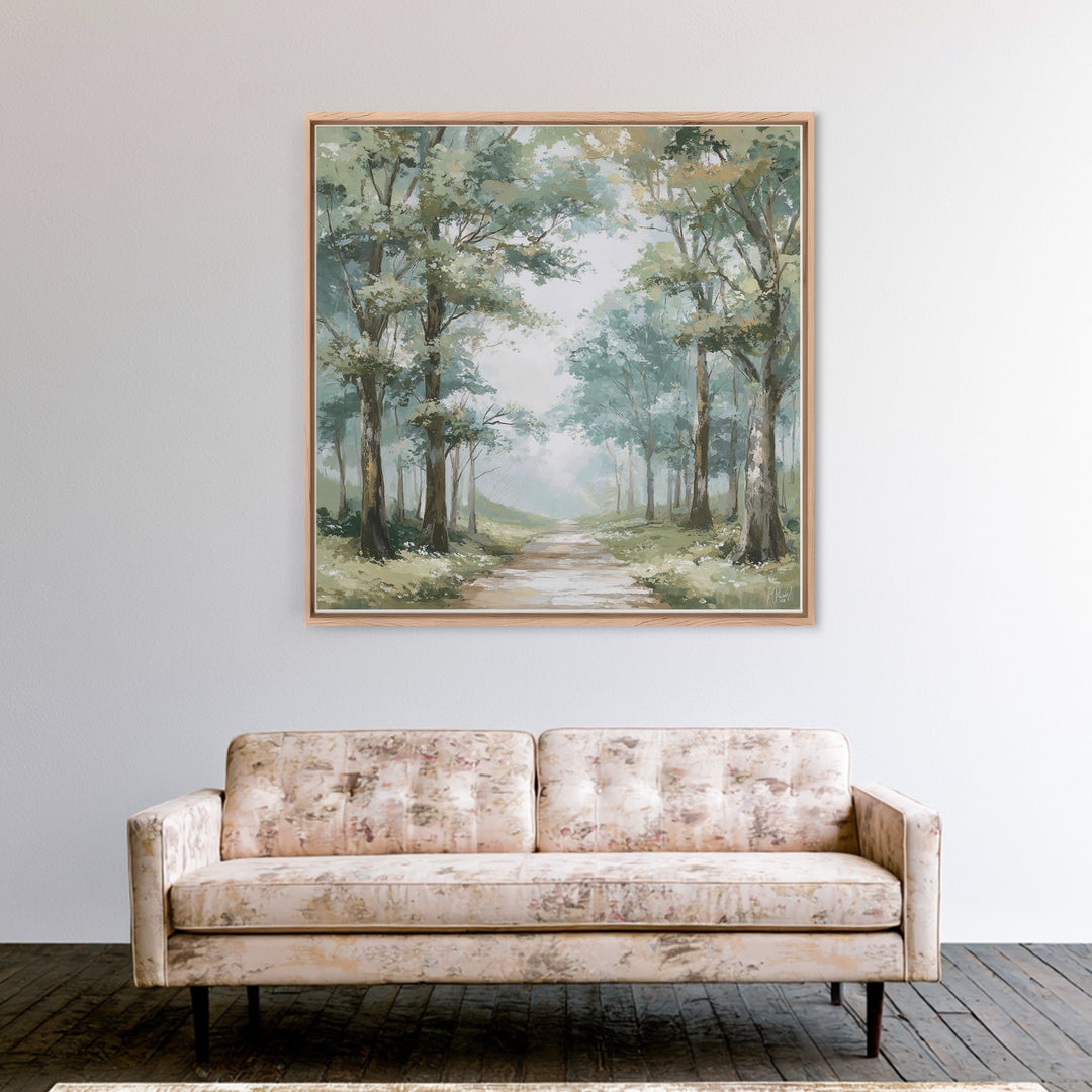 Misty Forest Path Framed Canvas Print, Waiting Room Art, Living Room Wall Art, Waiting Room Decor, Calm, Soundwave Art, WRA-1x1-11