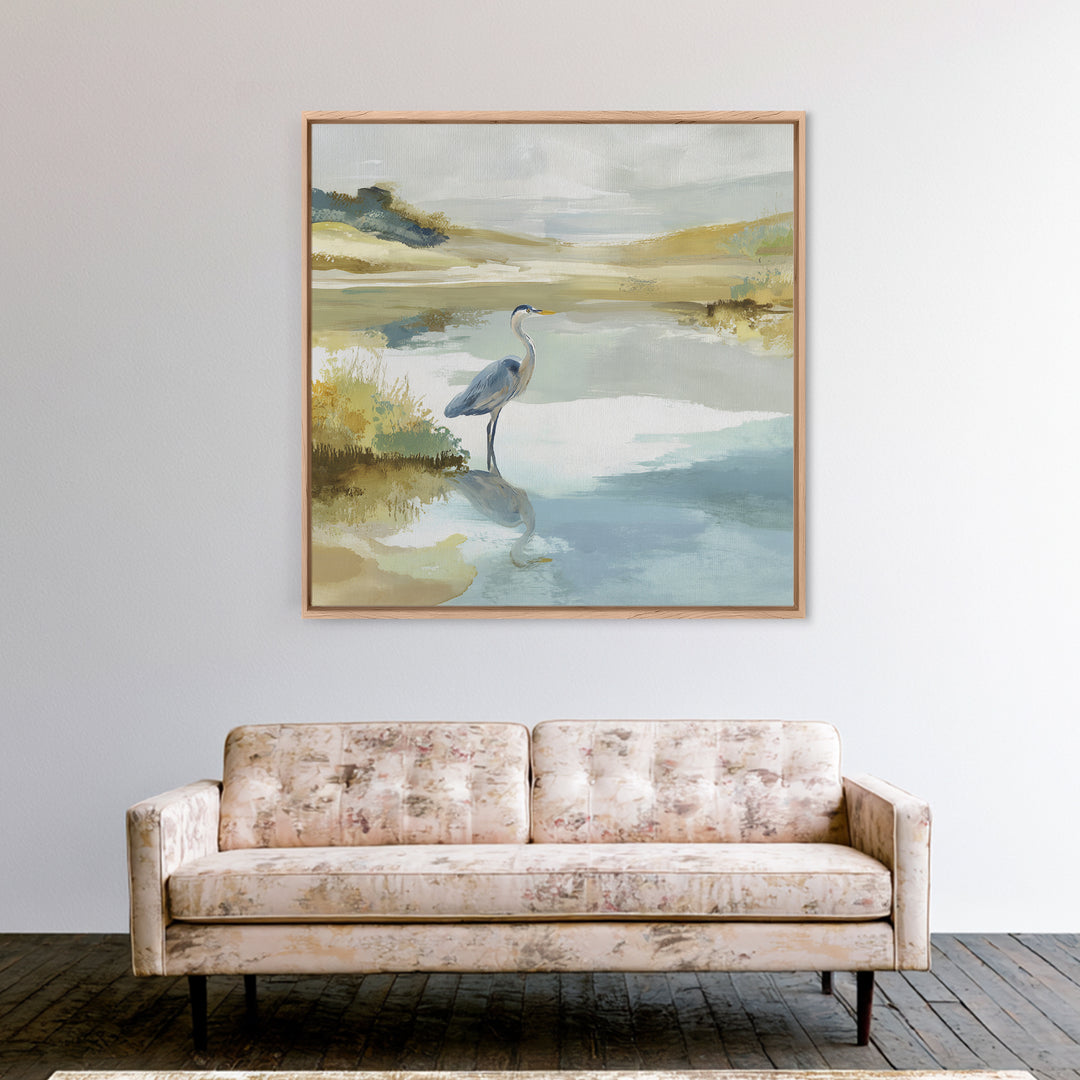 Blue Heron in Quiet Marsh Framed Canvas Print, Waiting Room Art, Wall Decor, Waiting Room Decor, Calm, Minimalist Wall Art, WRA-1x1-12