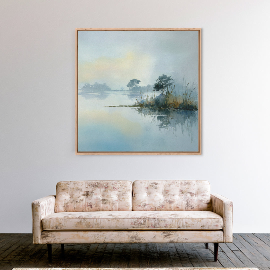 Peaceful Lake Reflection at Dawn Framed Canvas Print, Waiting Room Art, Abstract Art, Waiting Room Decor, Fine Art, Calm, WRA-1x1-28