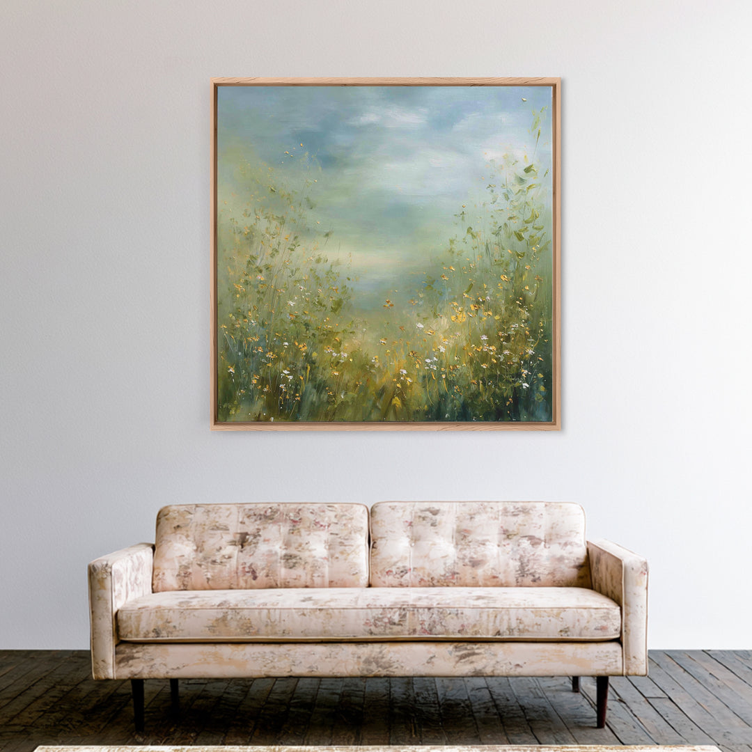 Sunlit Meadow with Wildflowers Framed Canvas Print, Waiting Room Art, Gallery Decor, Waiting Room Decor, Fine Art, Calm, WRA-1x1-32