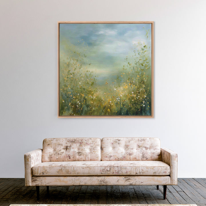 Sunlit Meadow with Wildflowers Framed Canvas Print, Waiting Room Art, Gallery Decor, Waiting Room Decor, Fine Art, Calm, WRA-1x1-32