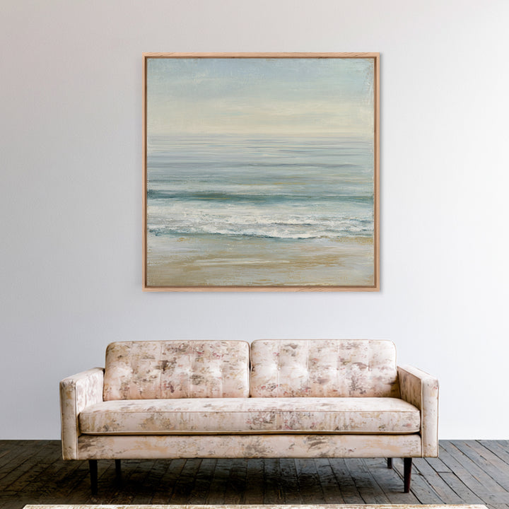 Coastal Horizon with Pale Sand and Water Framed Canvas Print, Waiting Room Art, Statement Artwork, Waiting Room Decor, Calm, WRA-1x1-57