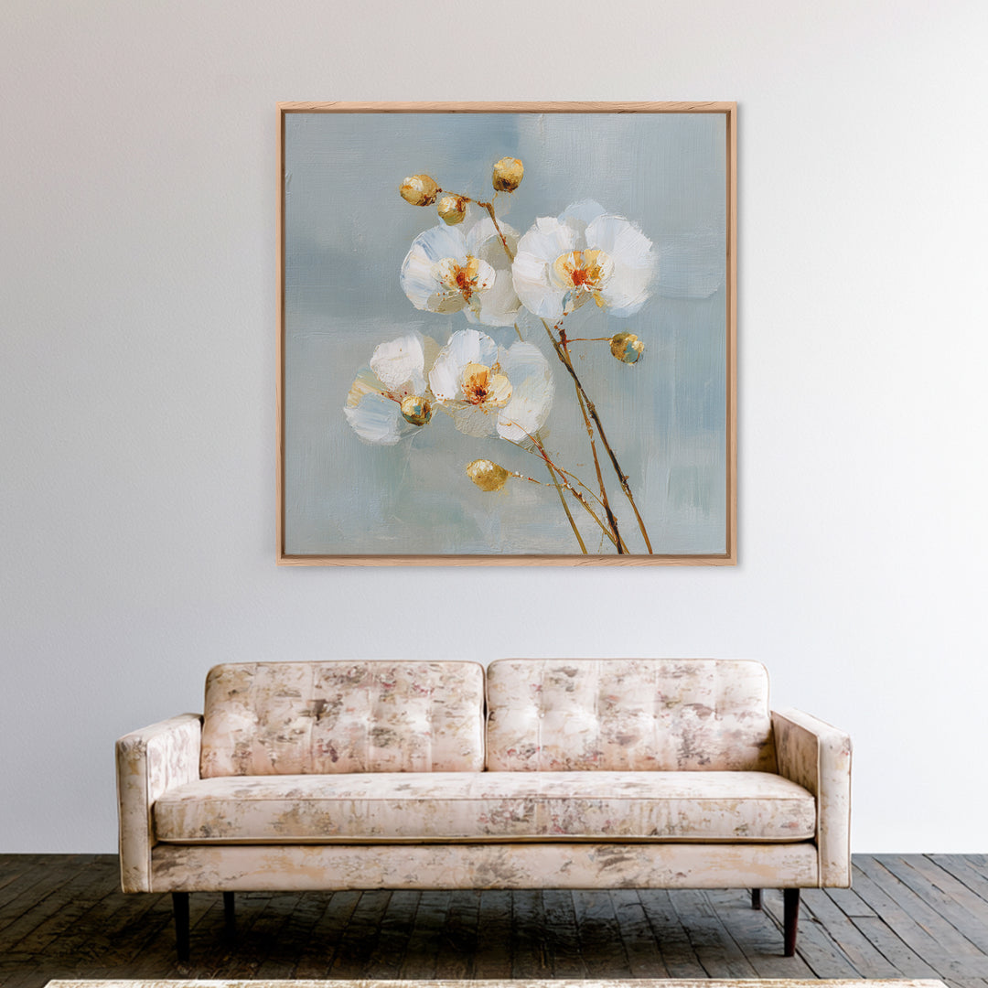 White Orchid on Light Gray Ground Framed Canvas Print, Waiting Room Art, Wall Sculpture, Waiting Room Decor, Fine Art, Calm, WRA-1x1-7