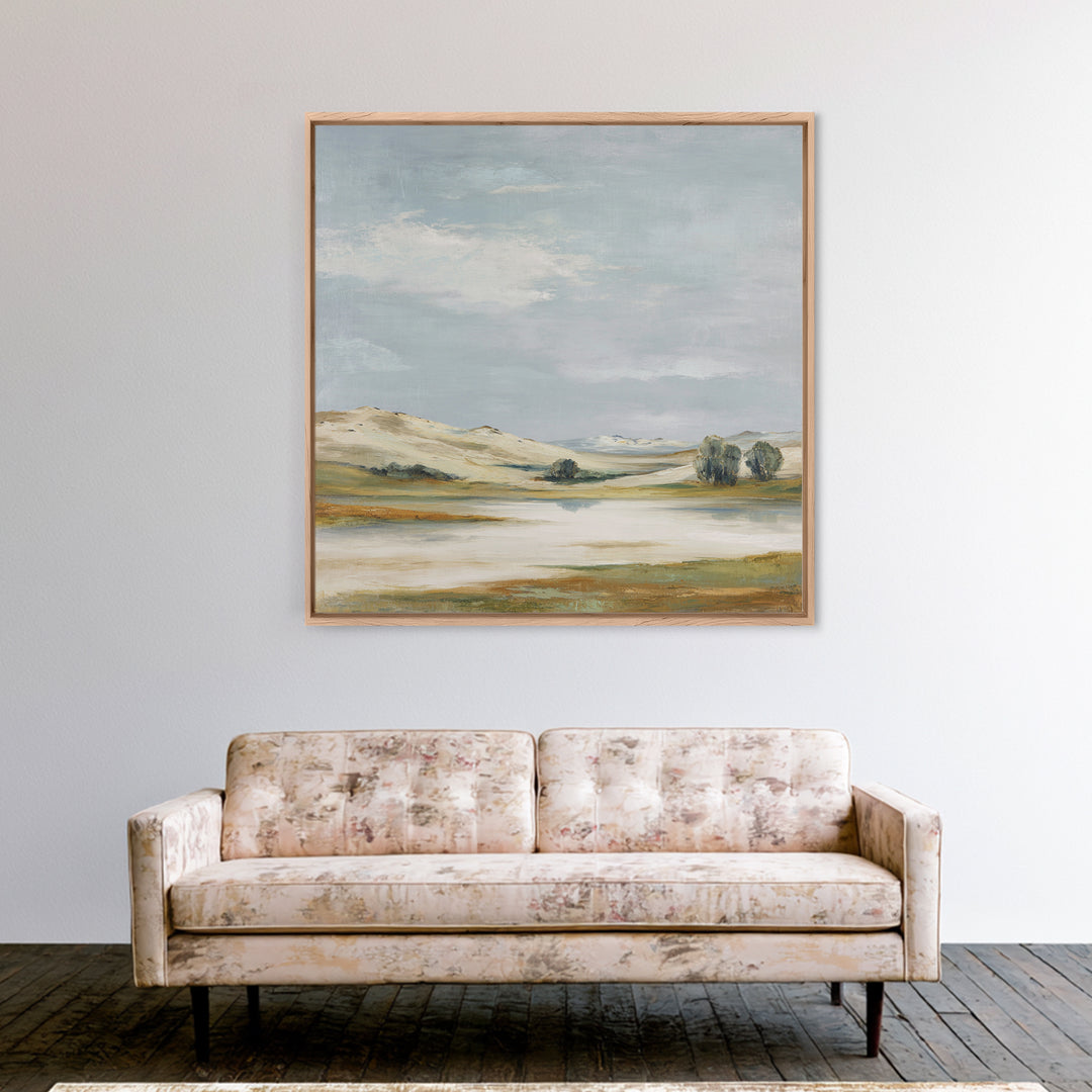 Calming Landscape with Open Sky and Gentle Framed Canvas Print, Waiting Room Art, Waiting Room Decor, Watercolor Art, Calm, WRA-1x1-73