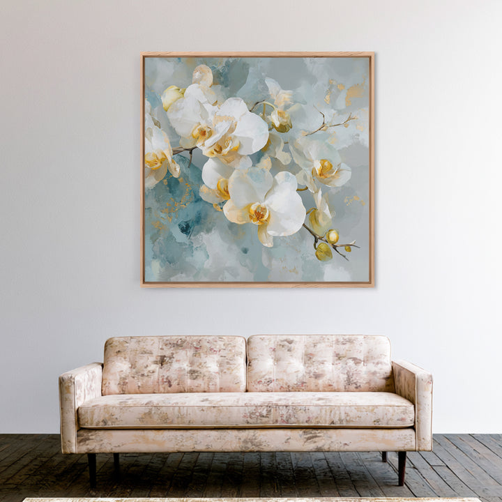 White Orchid on Light Gray Ground Framed Canvas Print, Waiting Room Art, Fine Art Print, Waiting Room Decor, Oil Painting, Calm, WRA-1x1-79