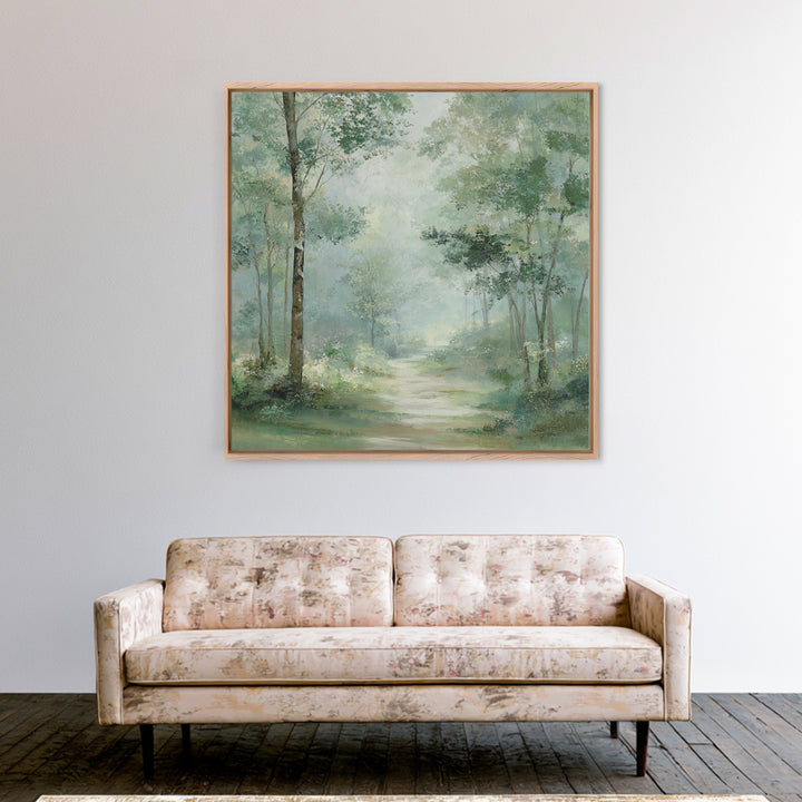 Misty Forest Path Framed Canvas Print, Waiting Room Art, Statement Artwork, Waiting Room Decor, Oil Painting, Calm, Wall Decor, WRA-1x1-83