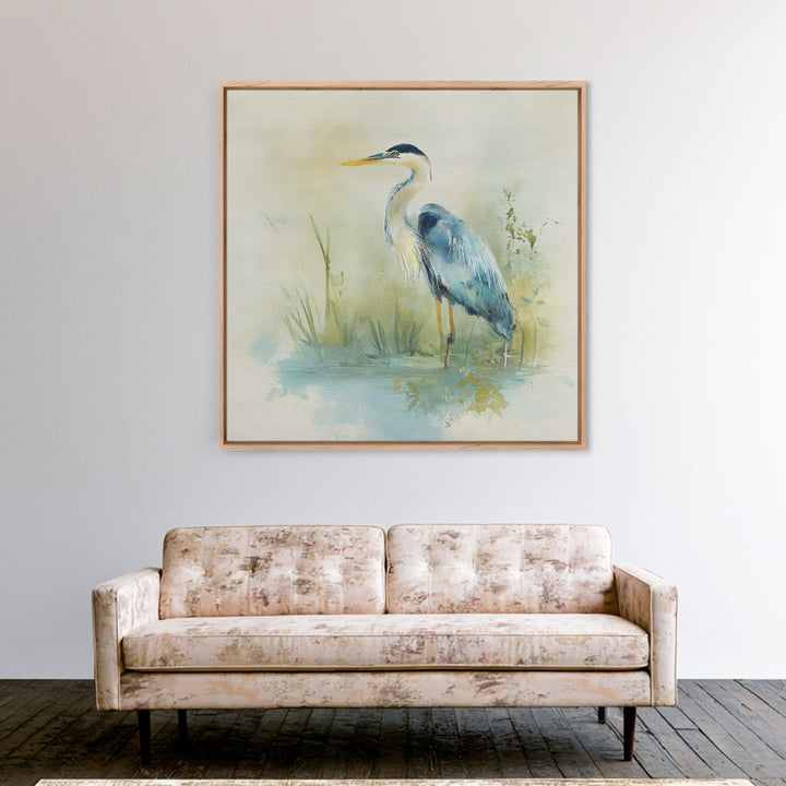 Blue Heron in Quiet Marsh Framed Canvas Print, Waiting Room Art, Therapy Office Decor, Waiting Room Decor, Abstract Art, Calm, WRA-1x1-84