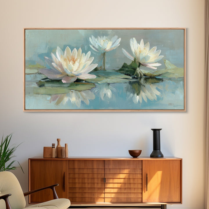 Lotus Flower on Still Water Framed Canvas Print, Waiting Room Art, Office Art, Waiting Room Decor, Calm, Gallery Decor, WRA-2x1-11