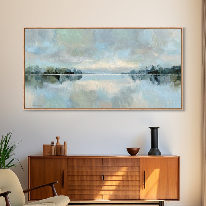 Peaceful Lake Reflection at Dawn Framed Canvas Print, Waiting Room Art, Waiting Room Decor, Oil Painting, Calm, WRA-2x1-24