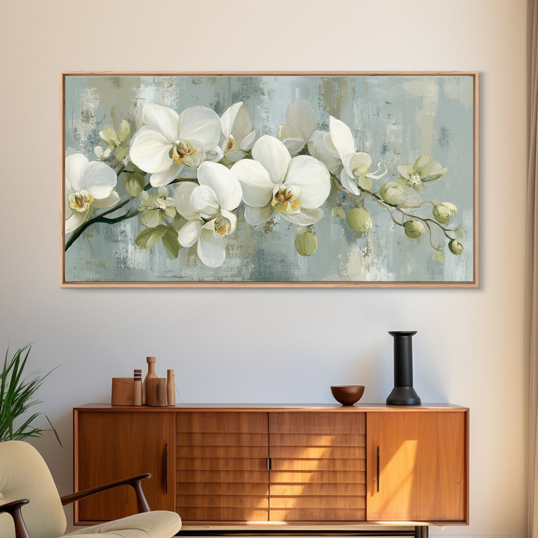 White Orchid on Light Gray Ground Framed Canvas Print, Waiting Room Art, Fine Art Print, Waiting Room Decor, Oil Painting, Calm, WRA-2x1-27
