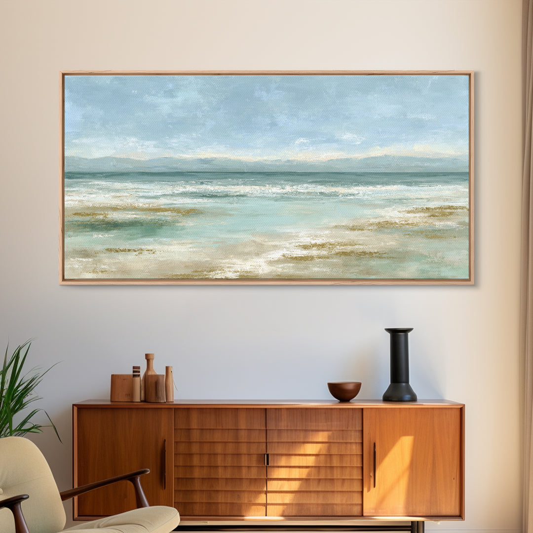 Coastal Horizon with Pale Sand and Water Framed Canvas Print, Waiting Room Art, Art, Waiting Room Decor, Fine Art, Calm, WRA-2x1-29