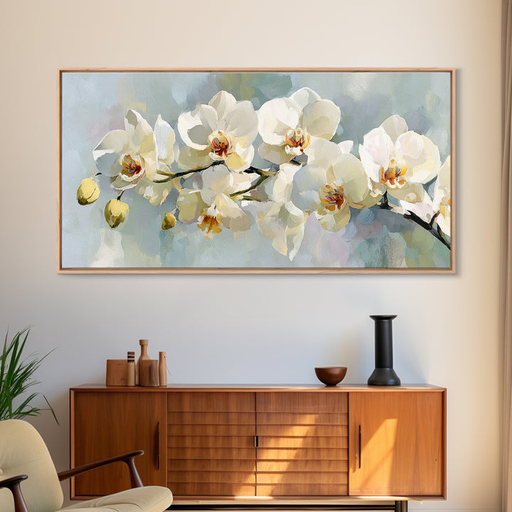 White Orchid on Light Gray Ground Framed Canvas Print, Waiting Room Art, Wall Sculpture, Waiting Room Decor, Fine Art, Calm, WRA-2x1-3