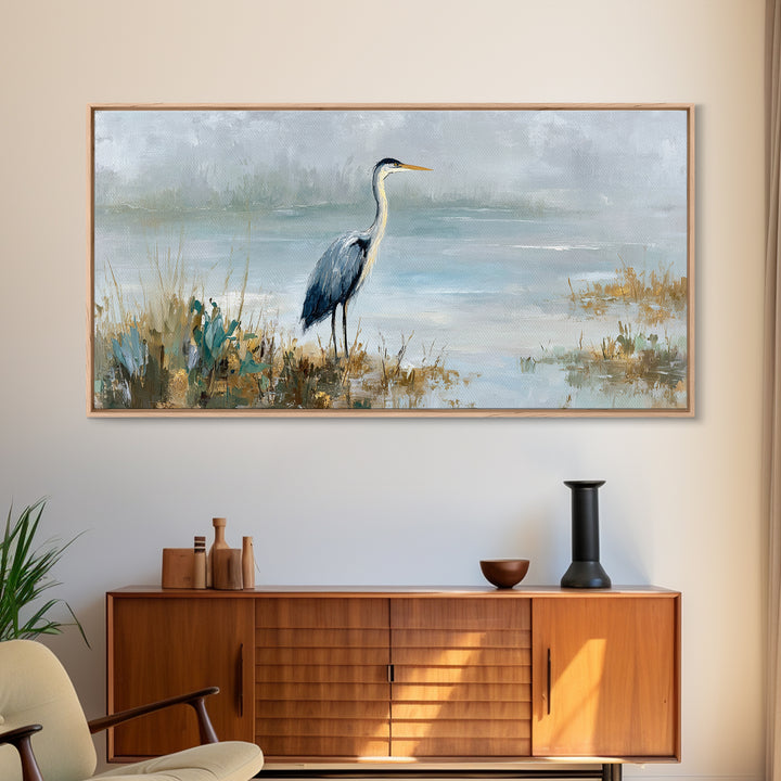 Blue Heron in Quiet Marsh Canvas Print, Waiting Room Art, Waiting Room Decor, Oil Painting, Calm, Living Room Wall Art, WRA-2x1-32