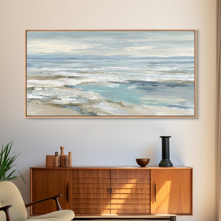 Coastal Horizon with Pale Sand and Water Framed Canvas Print, Waiting Room Art, Art, Waiting Room Decor, Fine Art, Calm, WRA-2x1-5