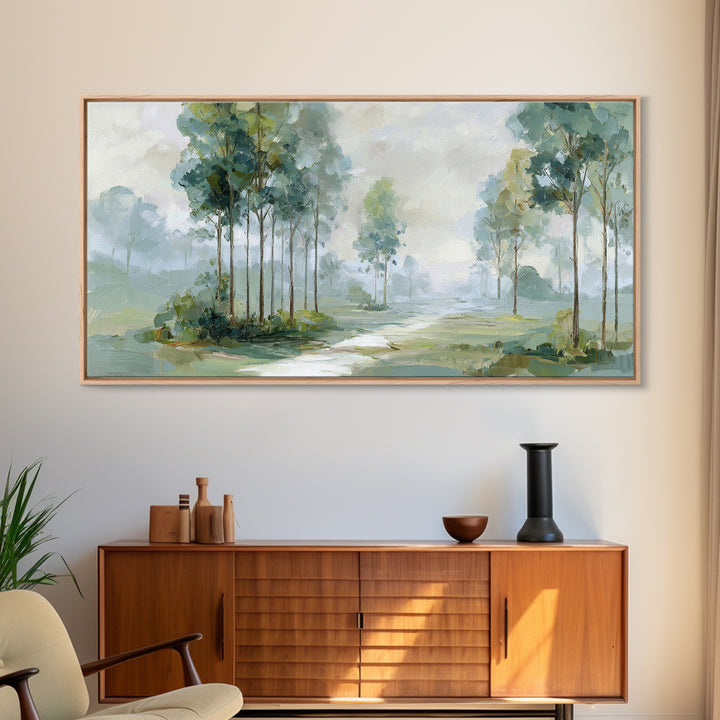 Misty Forest Path Framed Canvas Print, Waiting Room Art, Modern Art, Waiting Room Decor, Fine Art, Calm, Therapy Office Decor, WRA-2x1-55
