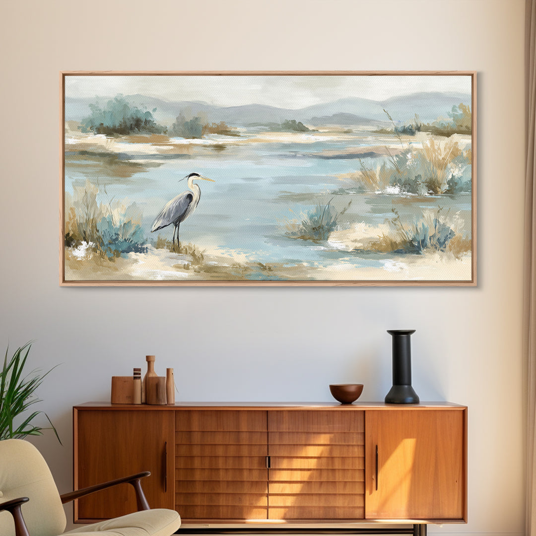 Blue Heron in Quiet Marsh Framed Canvas Print, Waiting Room Art, Office Decor, Waiting Room Decor, Calm, Gallery Wall Art, WRA-2x1-56