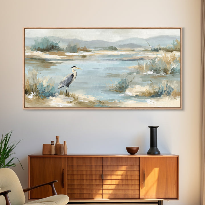 Blue Heron in Quiet Marsh Framed Canvas Print, Waiting Room Art, Office Decor, Waiting Room Decor, Calm, Gallery Wall Art, WRA-2x1-56