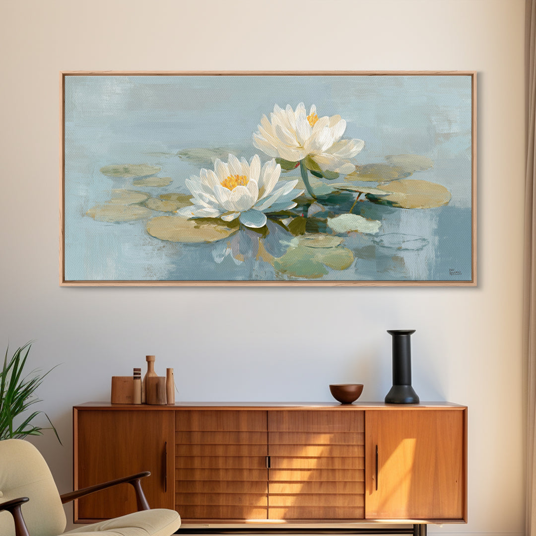 Lotus Flower on Still Water Framed Canvas Print, Waiting Room Art, Abstract, Waiting Room Decor, Watercolor Art, Calm, WRA-2x1-59