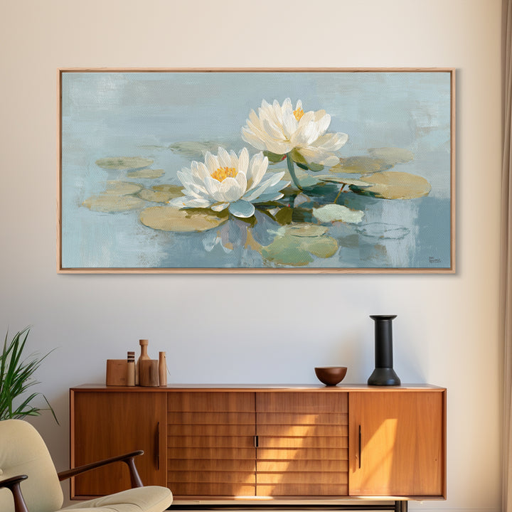Lotus Flower on Still Water Framed Canvas Print, Waiting Room Art, Abstract, Waiting Room Decor, Watercolor Art, Calm, WRA-2x1-59