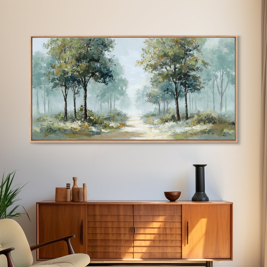 Misty Forest Path Framed Canvas Print, Waiting Room Art, Art, Waiting Room Decor, Calm, Bauhaus Print, Minimalist Wall Art, WRA-2x1-7