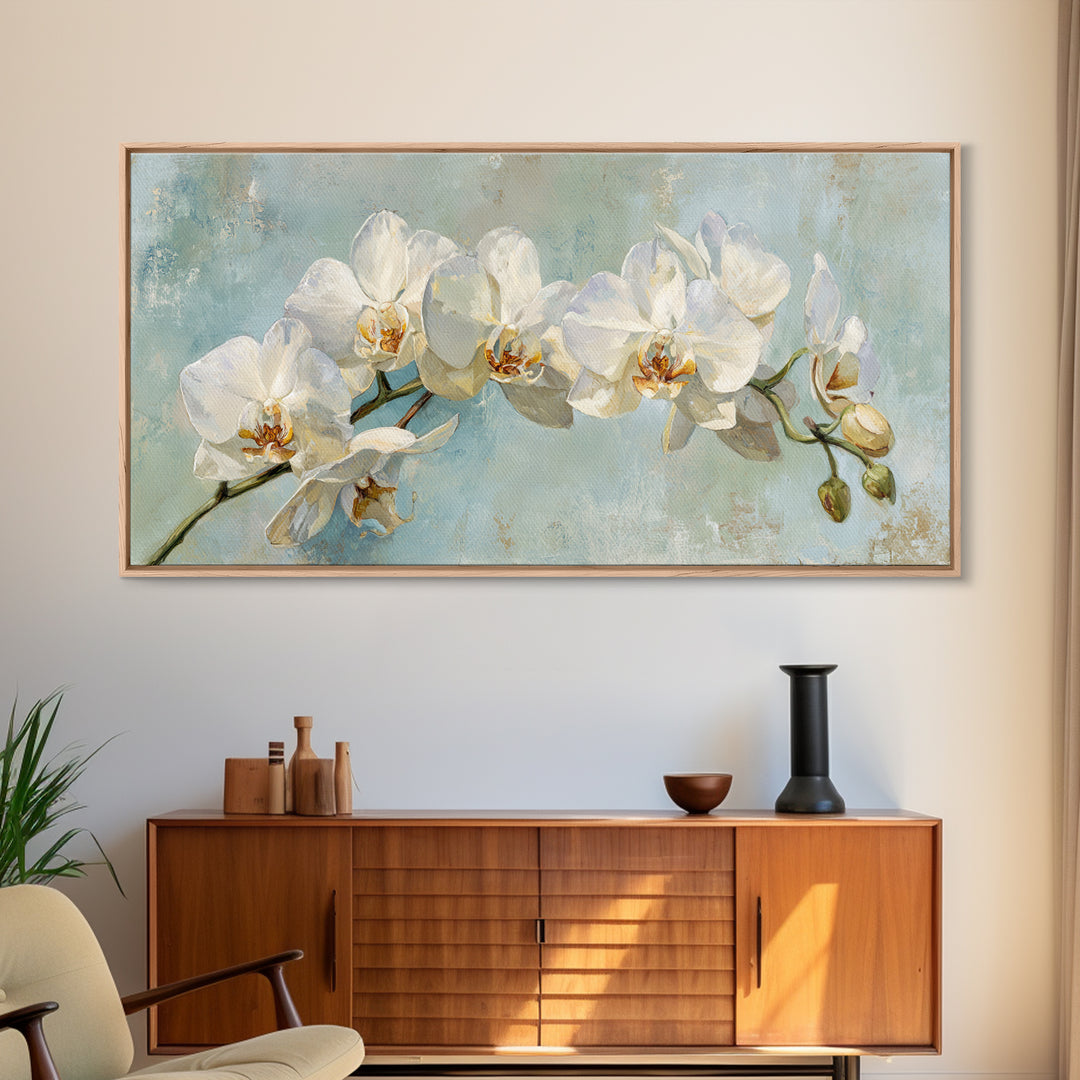 White Orchid on Light Gray Ground Framed Canvas Print, Waiting Room Art, Boho Decor, Waiting Room Decor, Fine Art, Calm, WRA-2x1-75