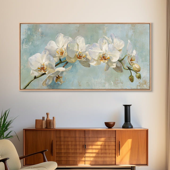 White Orchid on Light Gray Ground Framed Canvas Print, Waiting Room Art, Boho Decor, Waiting Room Decor, Fine Art, Calm, WRA-2x1-75