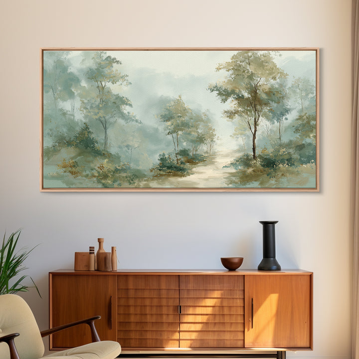Misty Forest Path Framed Canvas Print, Waiting Room Art, Minimalist Art, Waiting Room Decor, Fine Art, Calm, Luxury Decor, WRA-2x1-79