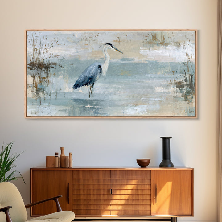 Blue Heron in Quiet Marsh Framed Canvas Print, Waiting Room Art, Office Wall Decor, Waiting Room Decor, Fine Art, Calm, WRA-2x1-80
