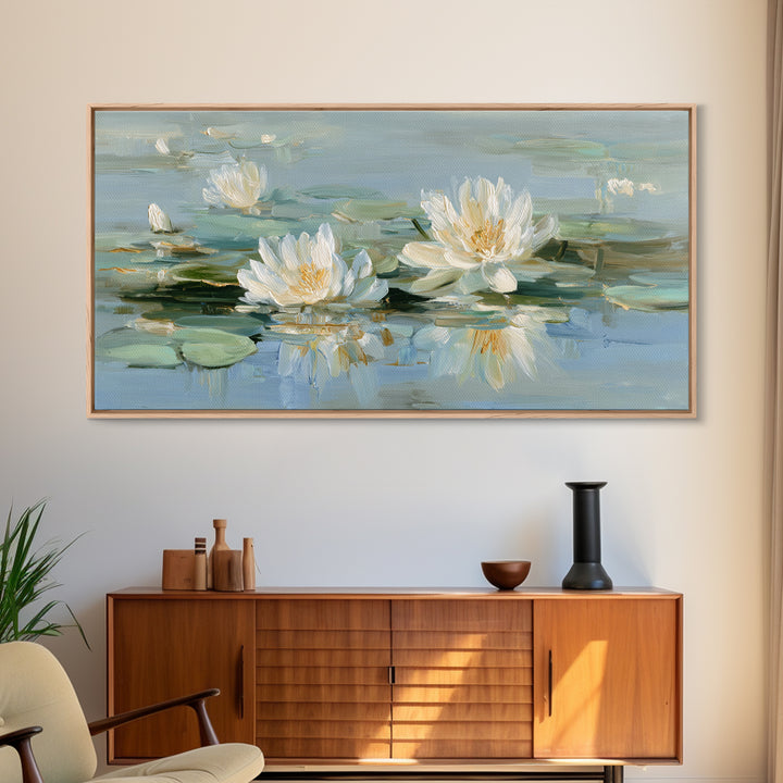 Lotus Flower on Still Water Framed Canvas Print, Waiting Room Art, Contemporary Art, Waiting Room Decor, Oil Painting, Calm, WRA-2x1-83