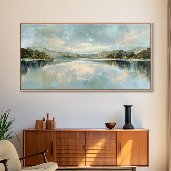 Peaceful Lake Reflection at Dawn Framed Canvas Print, Waiting Room Art, Abstract, Waiting Room Decor, Fine Art, Calm, WRA-2x1-96