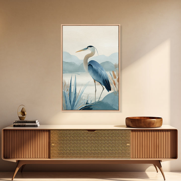 Blue Heron in Quiet Marsh Framed Canvas Print, Waiting Room Art, Fine Art, Waiting Room Decor, Watercolor Art, Calm, WRA-2x3-44