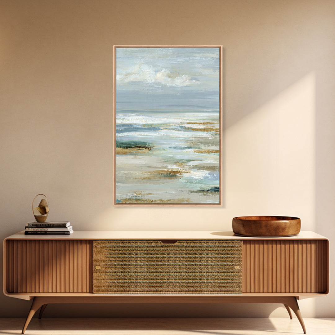 Coastal Horizon with Pale Sand and Water Framed Canvas Print, Waiting Room Art, Minimalist Wall Art, Waiting Room Decor, Calm, WRA-2x3-89