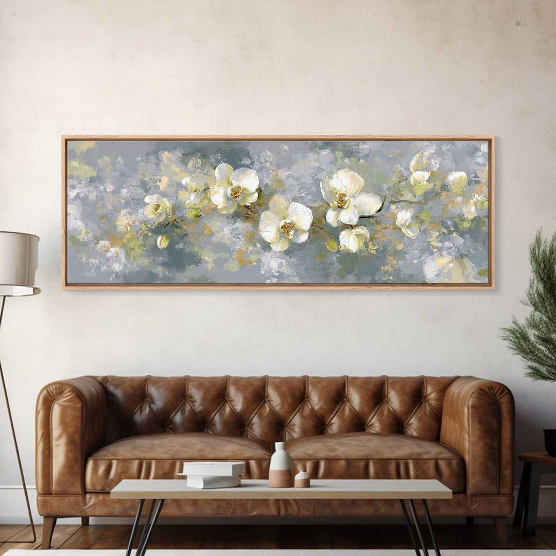 White Orchid on Light Gray Ground Framed Canvas Print, Waiting Room Art, Boho Decor, Waiting Room Decor, Fine Art, Calm, WRA-3x1-23