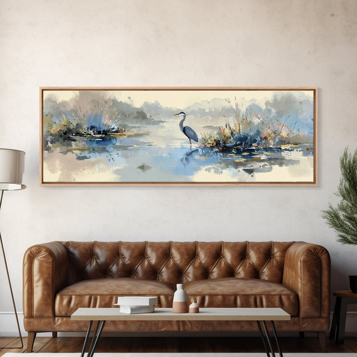 Blue Heron in Quiet Marsh Framed Canvas Print, Waiting Room Art, Dental Art, Waiting Room Decor, Oil Painting, Calm, WRA-3x1-28