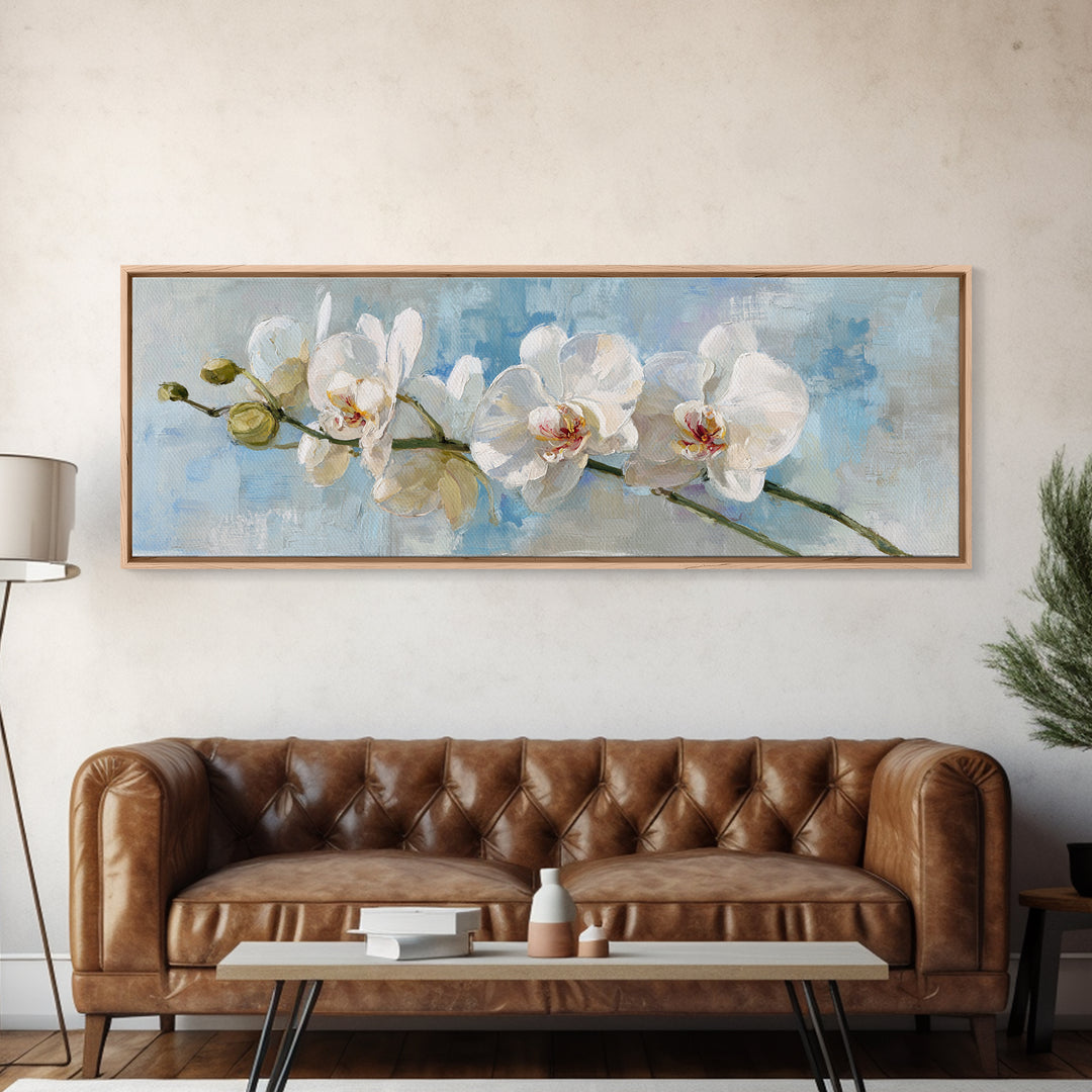 White Orchid on Light Gray Ground Framed Canvas Print, Waiting Room Art, Wall Decor, Waiting Room Decor, Oil Painting, Calm, WRA-3x1-47