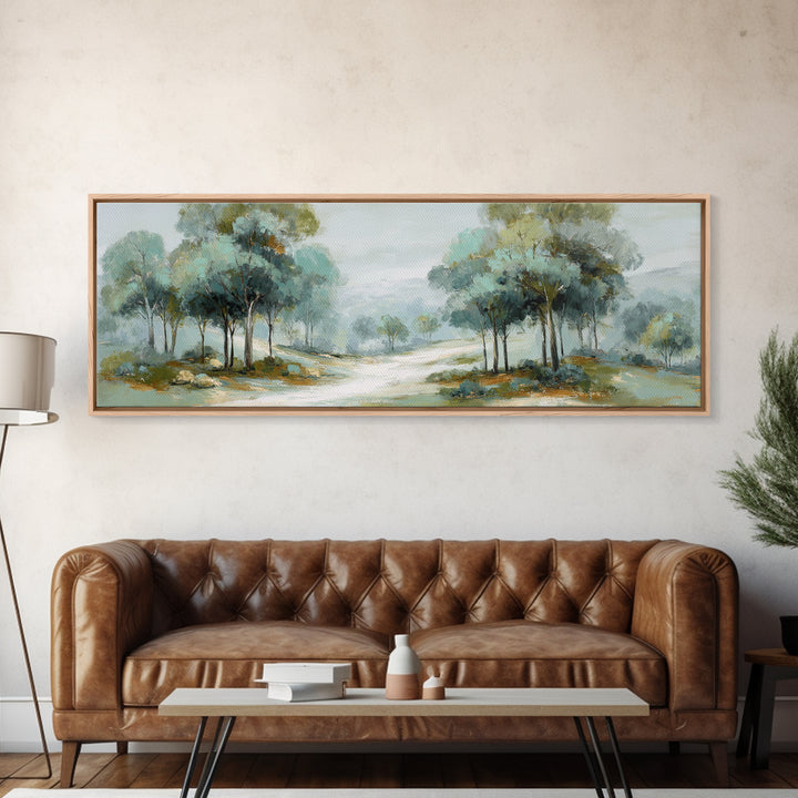 Misty Forest Path Framed Canvas Print, Waiting Room Art, Waiting Room Decor, Oil Painting, Calm, Office Wall Decor, WRA-3x1-51