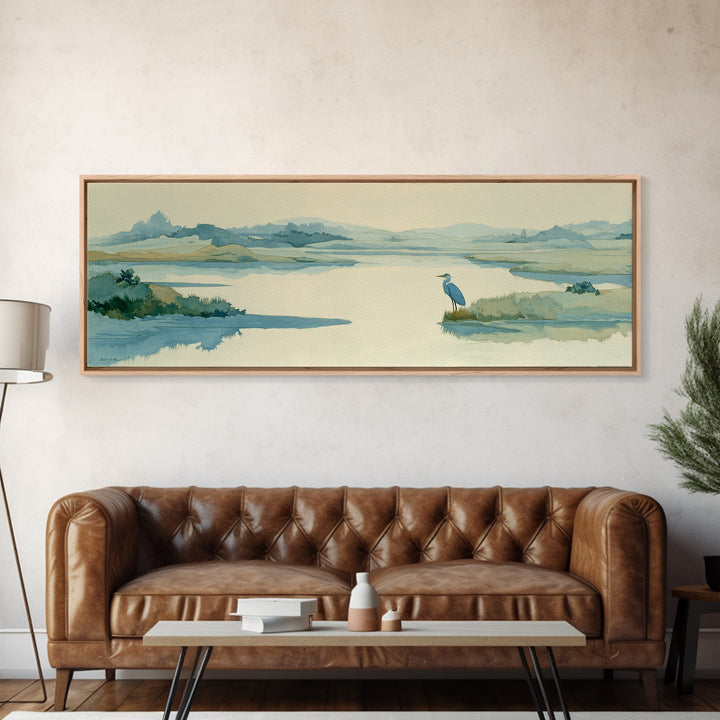 Blue Heron in Quiet Marsh Framed Canvas Print, Waiting Room Art, Room Decor, Waiting Room Decor, Abstract Art, Calm, WRA-3x1-52