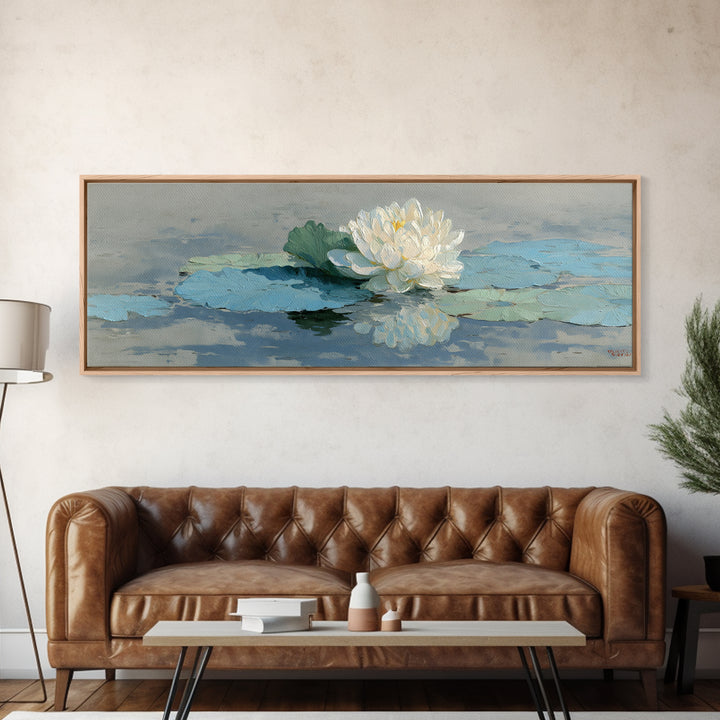 Lotus Flower on Still Water Framed Canvas Print, Waiting Room Art, Contemporary Art, Waiting Room Decor, Oil Painting, Calm, WRA-3x1-55