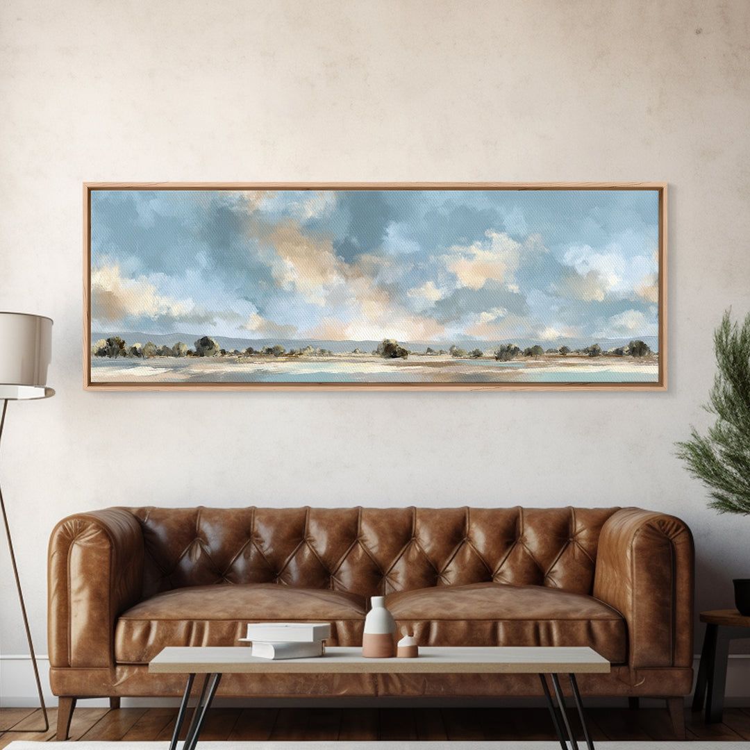 Warm Desert Sunrise Framed Canvas Print, Waiting Room Art, Abstract, Waiting Room Decor, Oil Painting, Calm, Modern Decor, WRA-3x1-77