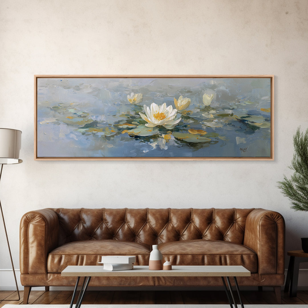 Lotus Flower on Still Water Framed Canvas Print, Waiting Room Art, Wall Sculpture, Waiting Room Decor, Watercolor Art, Calm, WRA-3x1-79
