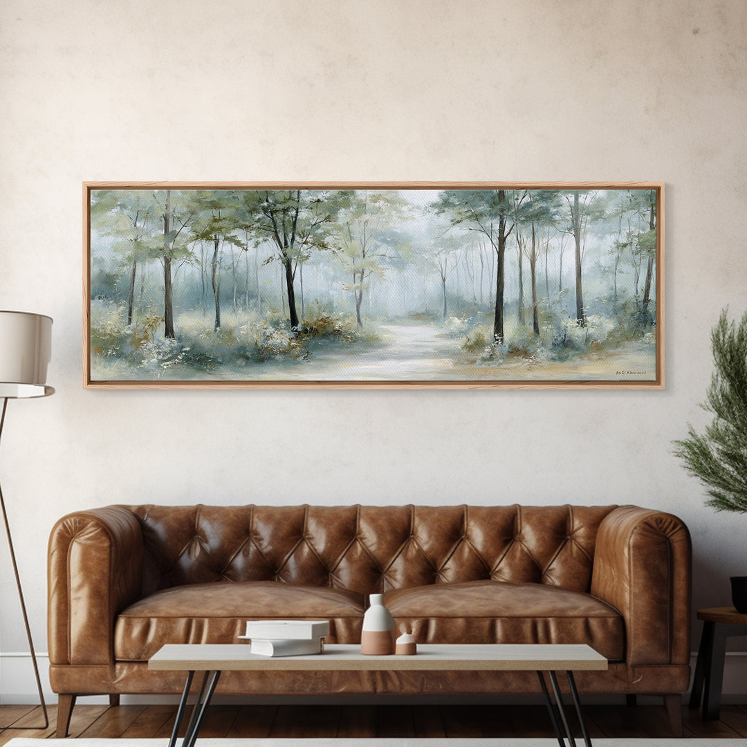 Misty Forest Path Framed Canvas Print, Waiting Room Art, Waiting Room Decor, Oil Painting, Calm, Office Wall Art, WRA-3x1-99