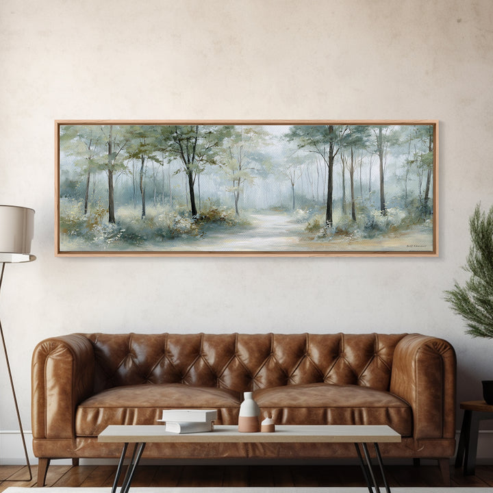 Misty Forest Path Framed Canvas Print, Waiting Room Art, Waiting Room Decor, Oil Painting, Calm, Office Wall Art, WRA-3x1-99