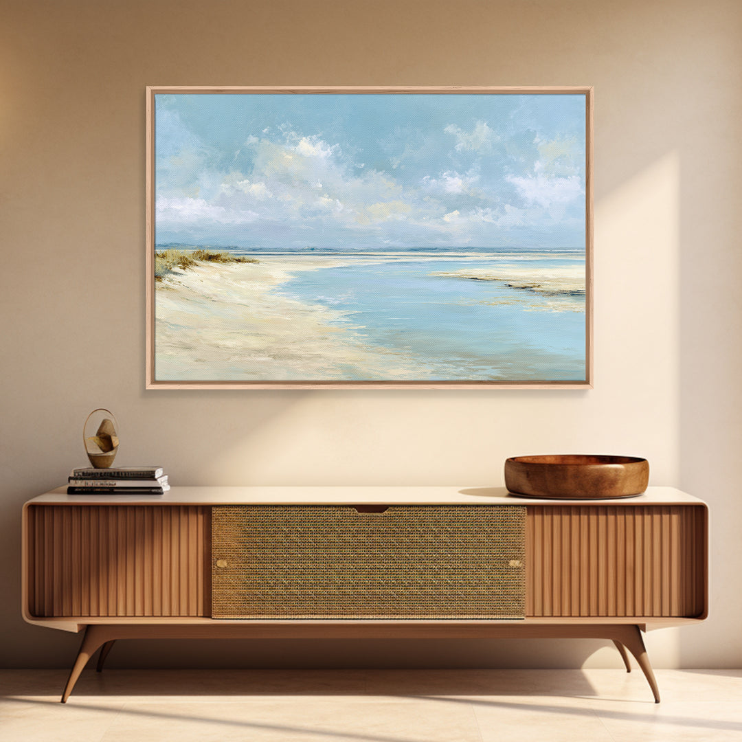 Coastal Horizon with Pale Sand and Water Framed Canvas Print, Waiting Room Art, Minimalist Wall Art, Waiting Room Decor, Calm, WRA-3x2-13