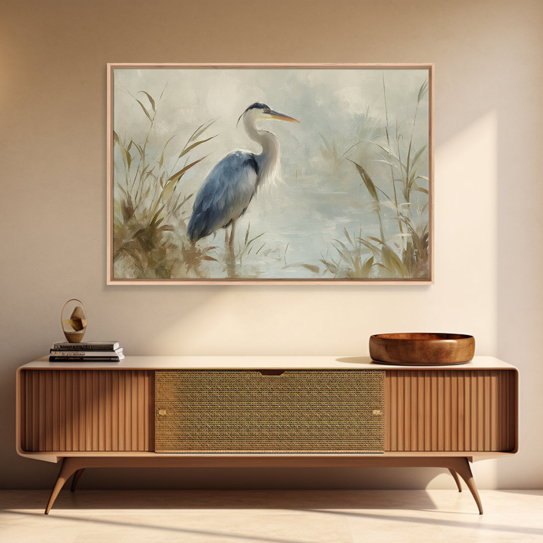 Blue Heron in Quiet Marsh Canvas Print, Waiting Room Art, Modern Art, Waiting Room Decor, Watercolor Art, Calm, WRA-3x2-16